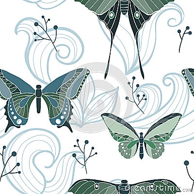 Butterfly seamless pattern with swirls Vector Illustration